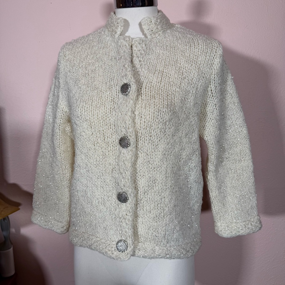 Vintage 1940 50 Retro Deco Cream wool Silver Metallic Cardigan sweater Jacket - Picture 4 of 17